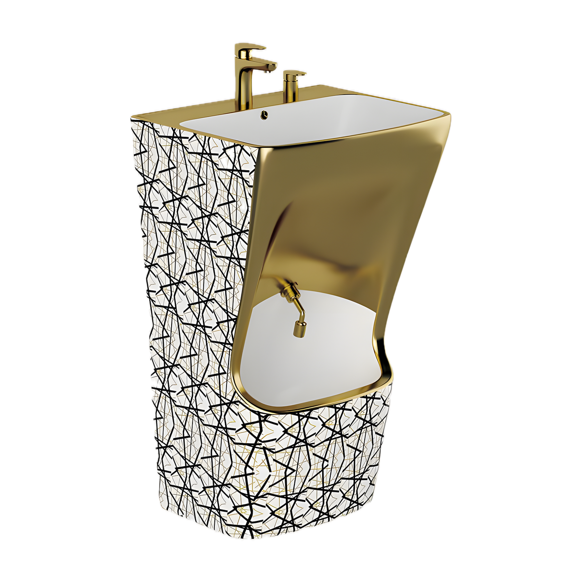 SANIKB SL-103 ceramic foot wash basin, white with original black abstract pattern and gold trim