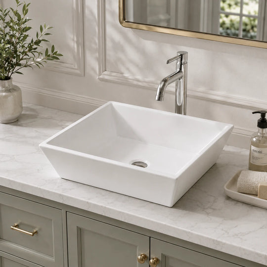 Sloped square ceramic vessel sink installed in a styled bathroom — lifestyle scene, SANIKB SN105-014.