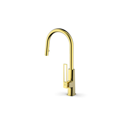 Brushed gold smart pull-down kitchen faucet, brass, high-arc gooseneck spout, open-frame lever — SANIKB FYF-05057.