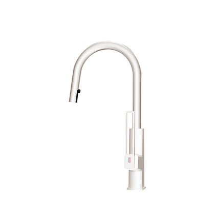 Matte white smart pull-down kitchen faucet, brass, tall gooseneck with cutout lever handle — SANIKB FYF-05057.