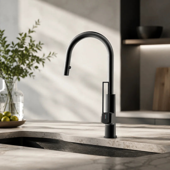 Smart kitchen faucet brass, installed kitchen lifestyle scene — SANIKB FYF-05057
