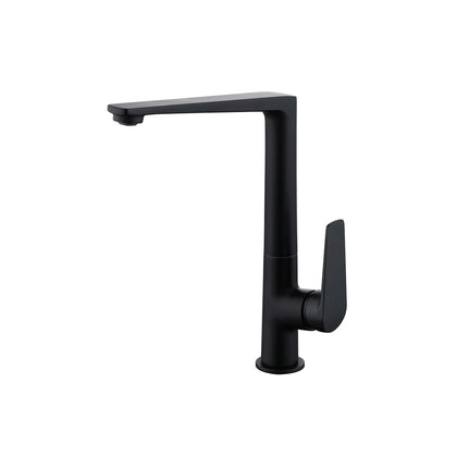 Matte black square kitchen faucet, brass body, tall right-angle spout, paddle handle — SANIKB FYF-05001