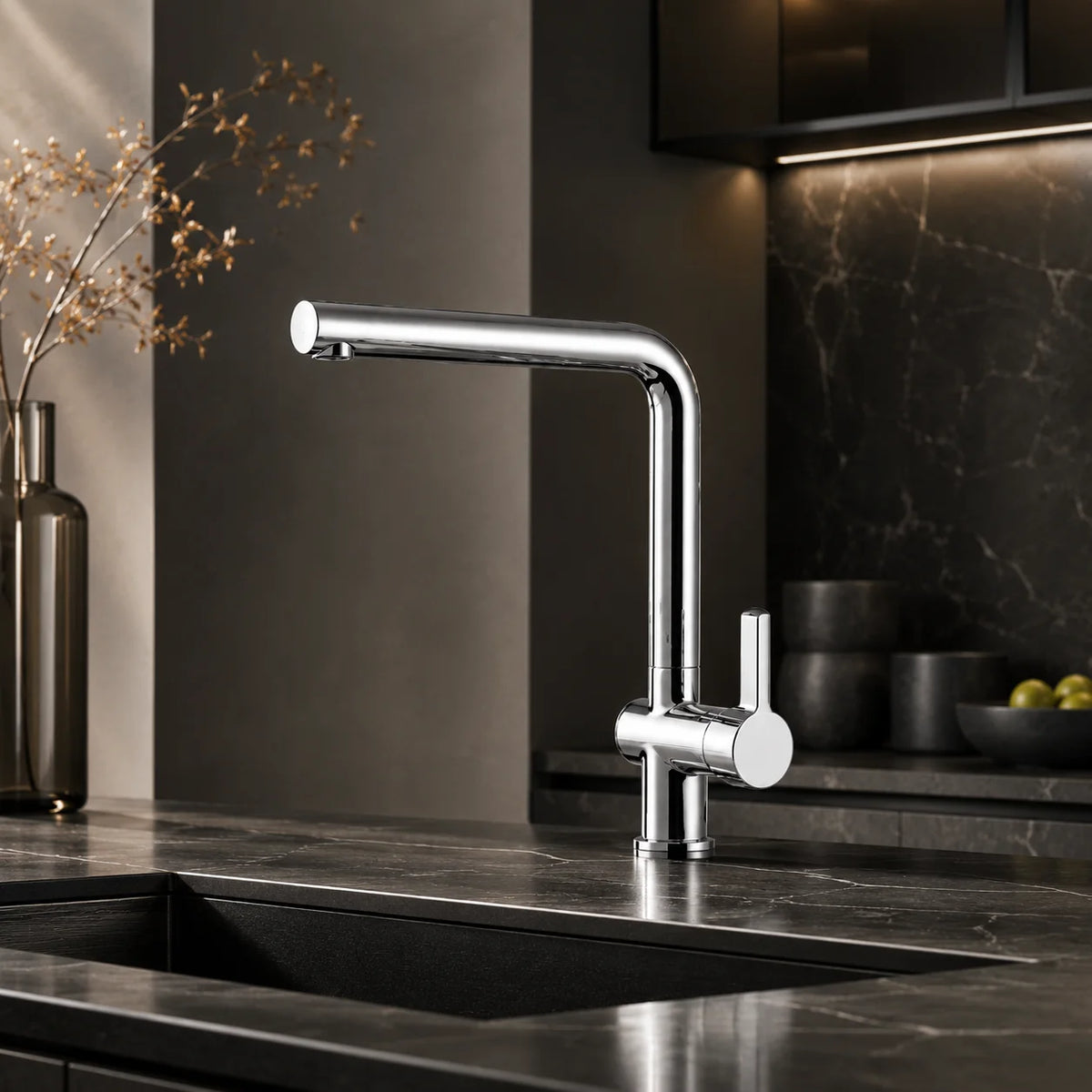 Square kitchen faucet brass, installed kitchen lifestyle scene — SANIKB FYF-05151