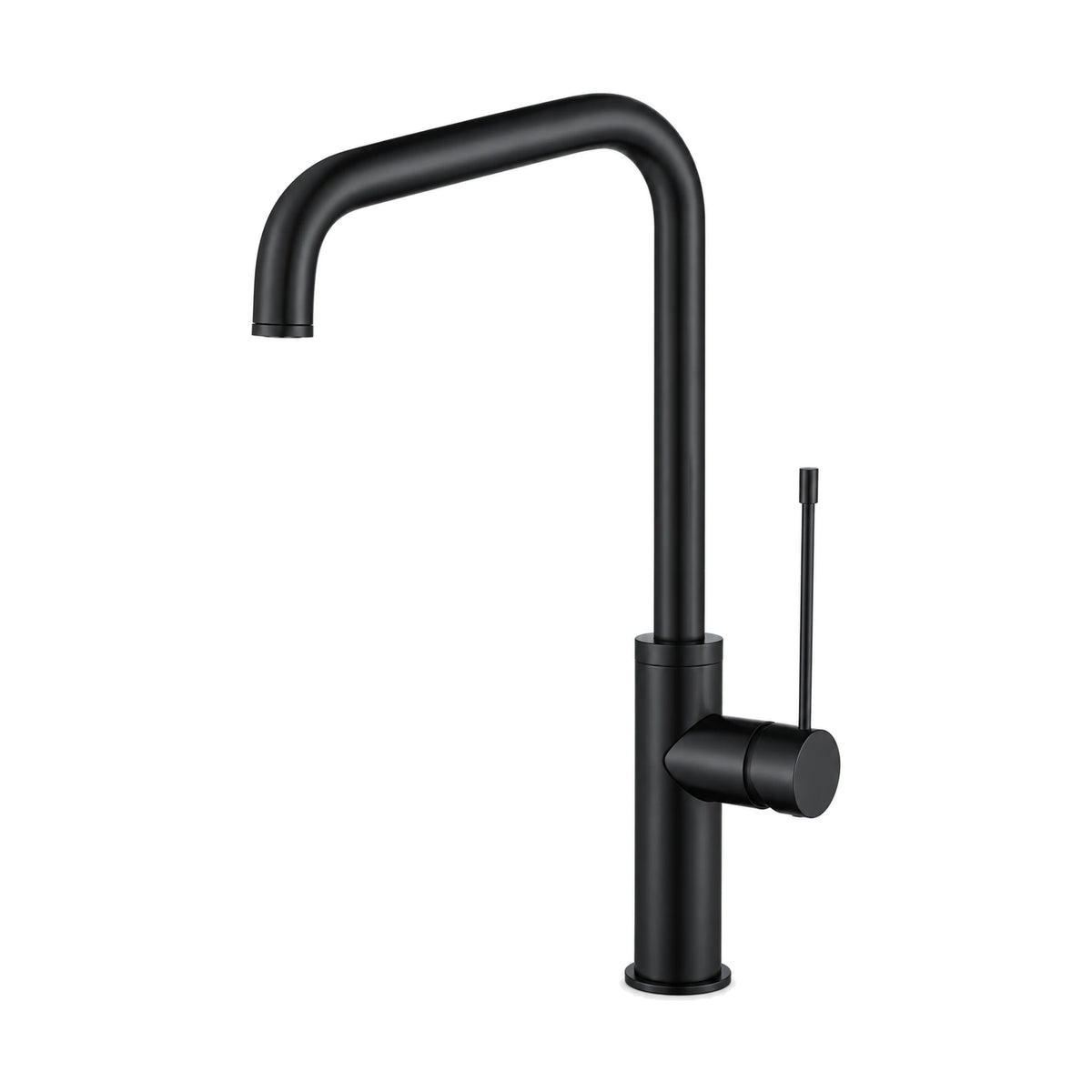 Matte black kitchen faucet with sharply bent inverted-U tube spout and long pin lever on side hub — SANIKB DL-05 090-BK