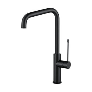 Matte black kitchen faucet with sharply bent inverted-U tube spout and long pin lever on side hub — SANIKB DL-05 090-BK