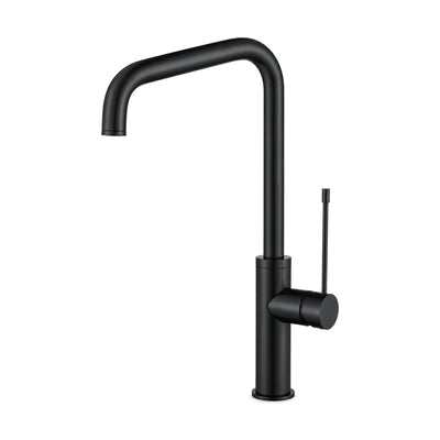 Matte black kitchen faucet with sharply bent inverted-U tube spout and long pin lever on side hub — SANIKB DL-05 090-BK