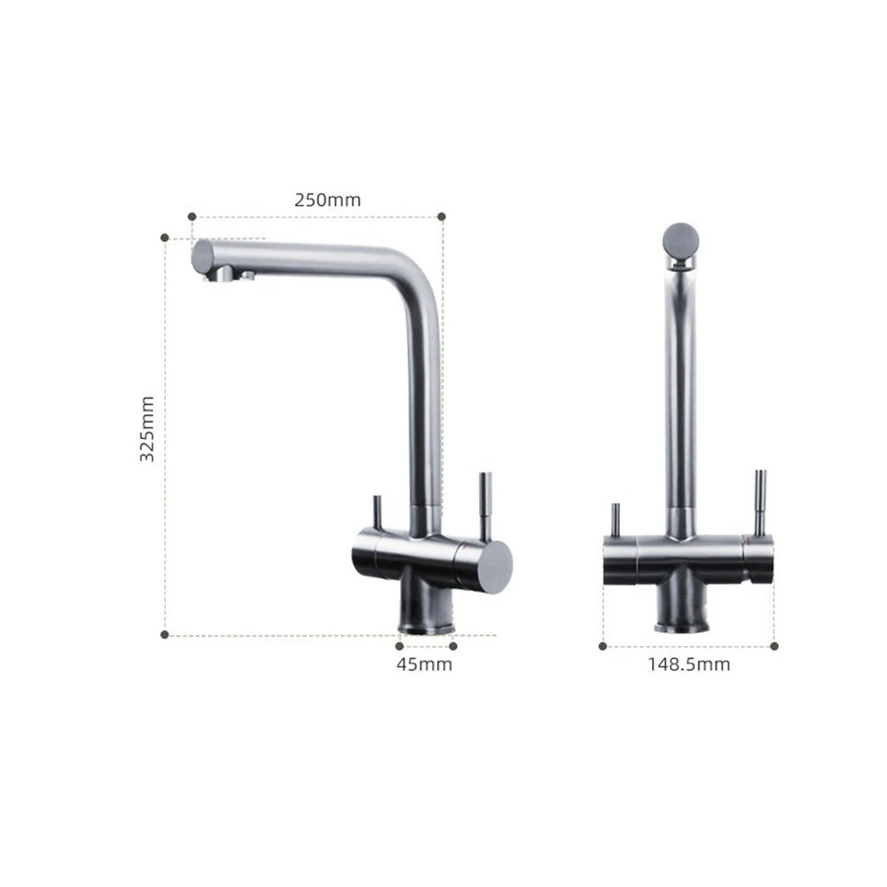 Dimensioned spec drawing for SANIKB FYF-05045 square stainless steel kitchen faucet.