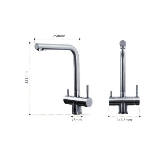 Dimensioned spec drawing for SANIKB FYF-05045 square stainless steel kitchen faucet.
