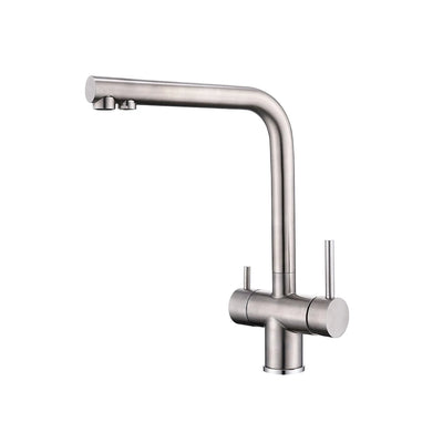 Brushed nickel 3-way kitchen faucet, stainless steel, dual handle filter spout — SANIKB FYF-05045.