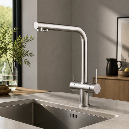 Square kitchen faucet stainless steel, installed kitchen lifestyle scene — SANIKB FYF-05045