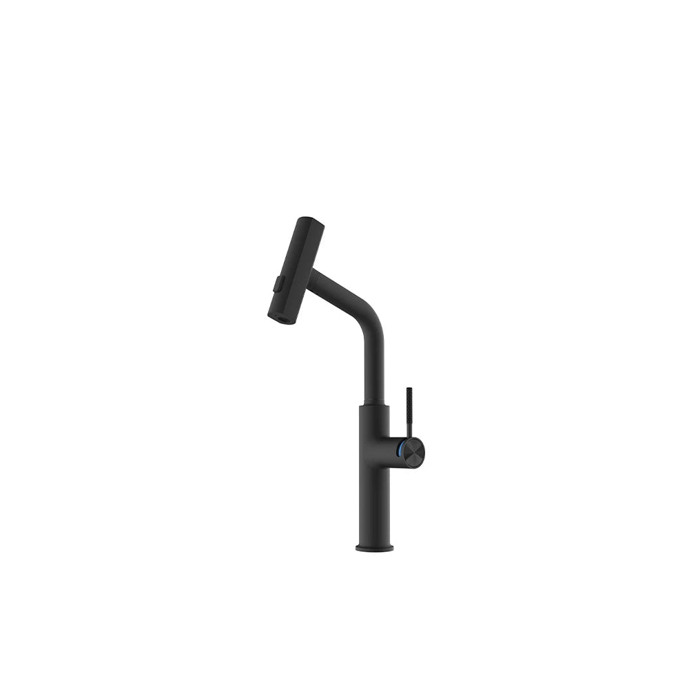 Matte black swivel spout kitchen faucet, stainless steel, side lever with blue temp display — SANIKB FYF-05191