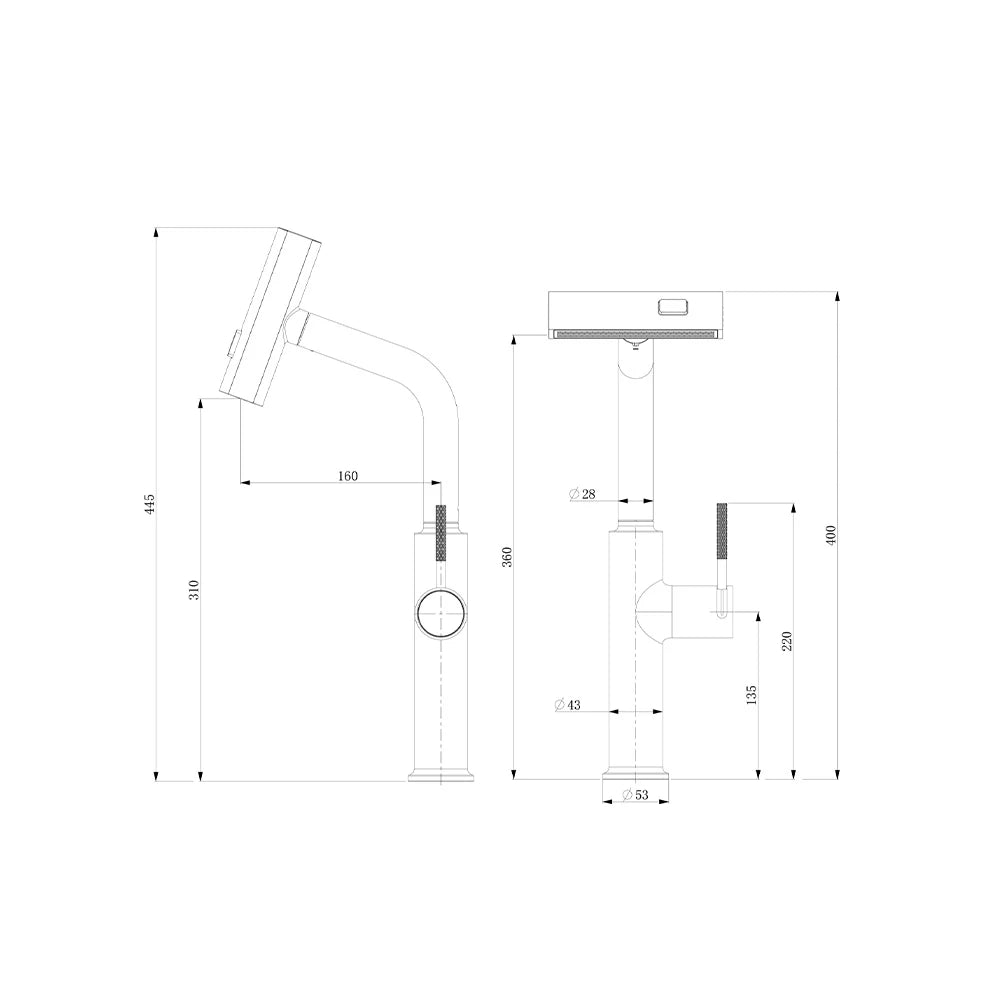 Dimensioned spec drawing for SANIKB FYF-05191 swivel spout kitchen faucet, 445mm height, 160mm reach