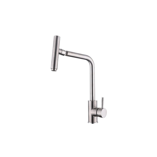 Brushed nickel swivel spout kitchen faucet, stainless steel body, articulating cylindrical spray nozzle — SANIKB FYF-05053.