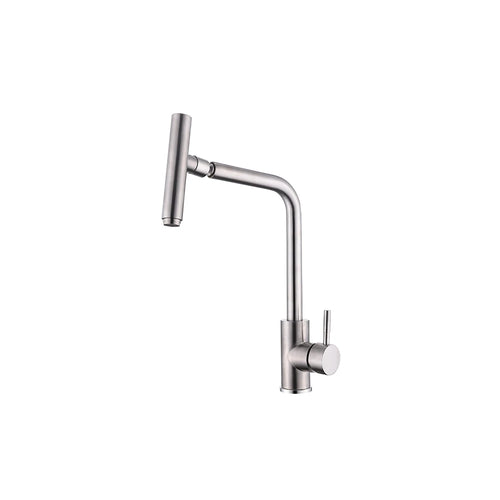 Brushed nickel swivel spout kitchen faucet, stainless steel body, articulating cylindrical spray nozzle — SANIKB FYF-05053.