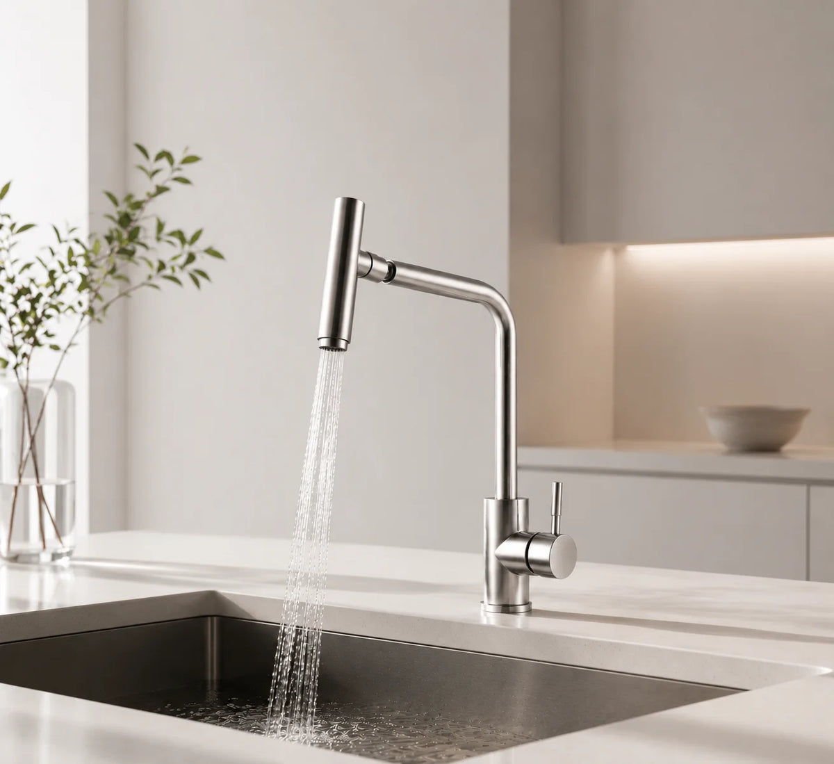 Swivel spout kitchen faucet stainless steel, installed kitchen lifestyle scene — SANIKB FYF-05053