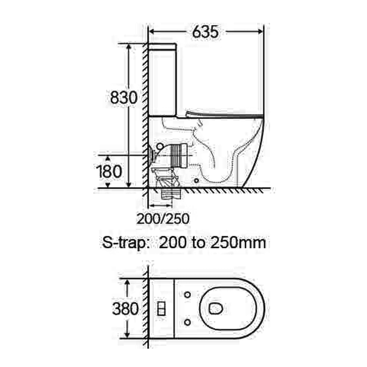 SANIKB TC-7002 two-piece toilet dimension drawing, 635 × 380 × 830 mm