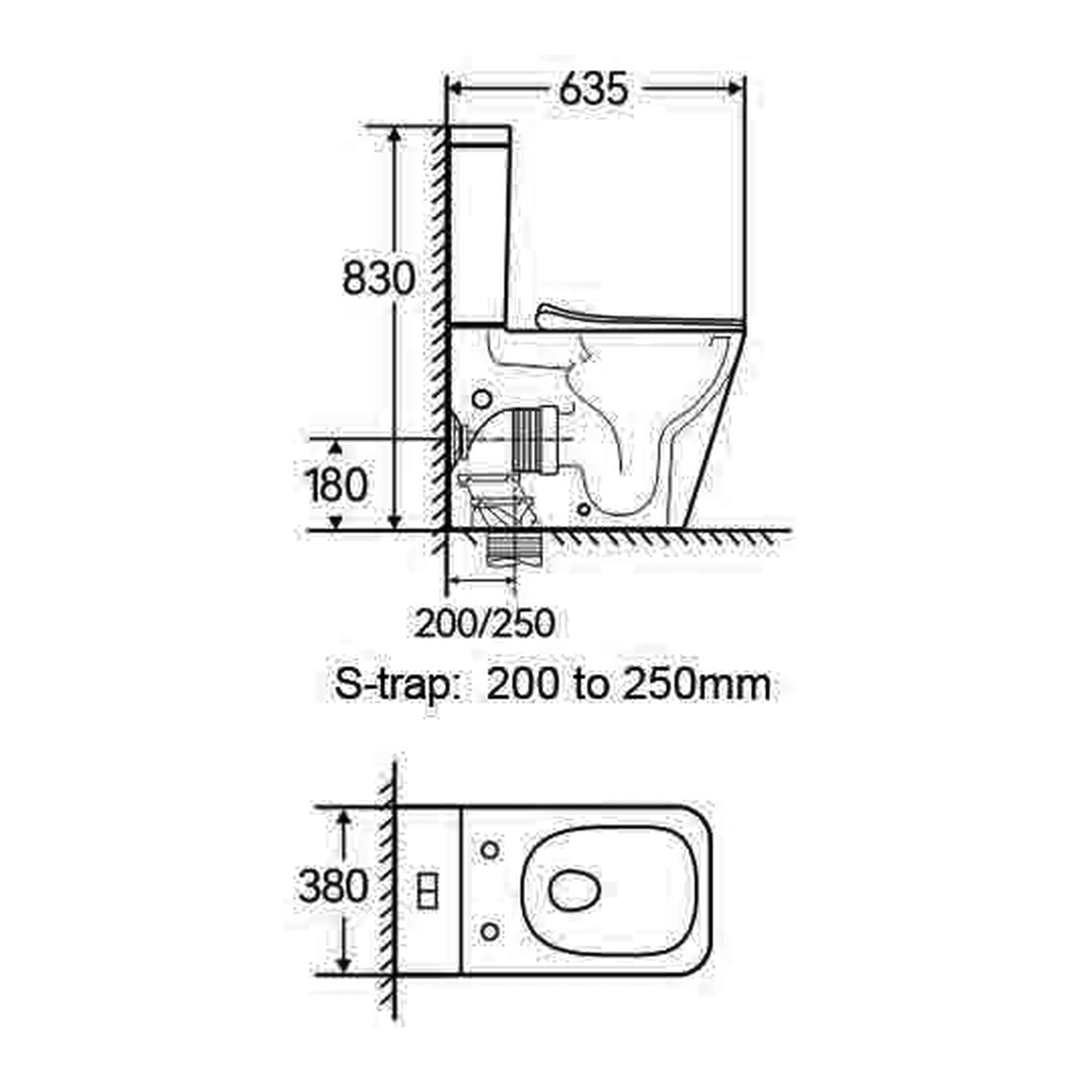 SANIKB TC-7102 two-piece toilet dimension drawing, 635 × 380 × 830 mm
