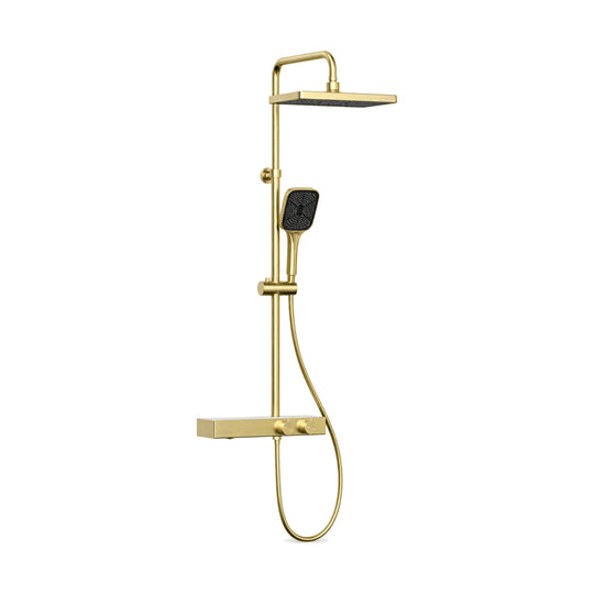 Brushed gold thermostatic shower column with square rain head, square handheld and shelf-top mixer — SANIKB SC133A 12 43 2