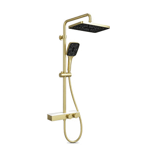 Brushed gold shower details: square handheld, pale-top shelf mixer with two knobs, square rain head — SANIKB SC133A 13 43 2