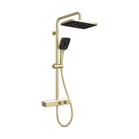 Brushed gold shower details: square handheld, pale-top shelf mixer with two knobs, square rain head — SANIKB SC133A 13 43 2
