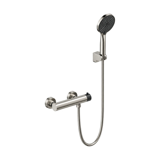 Brushed nickel thermostatic bar mixer with black end caps and round handheld shower on wall bracket — SANIKB SC743 11 63 2
