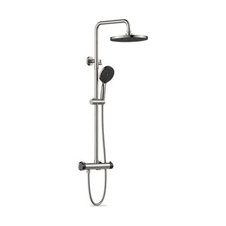 Brushed nickel thermostatic shower column with round rain head, handheld on slider and bar mixer — SANIKB SC743A 12 63 2