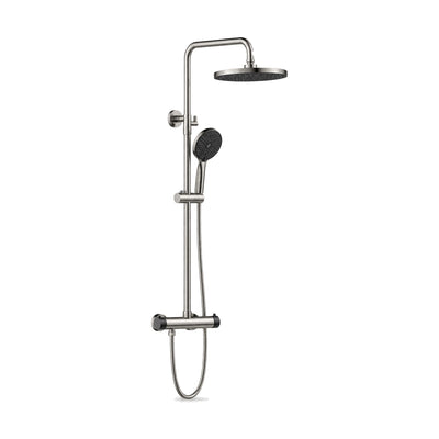 Brushed nickel thermostatic shower column with round rain head, handheld on slider and bar mixer — SANIKB SC743A 12 63 2