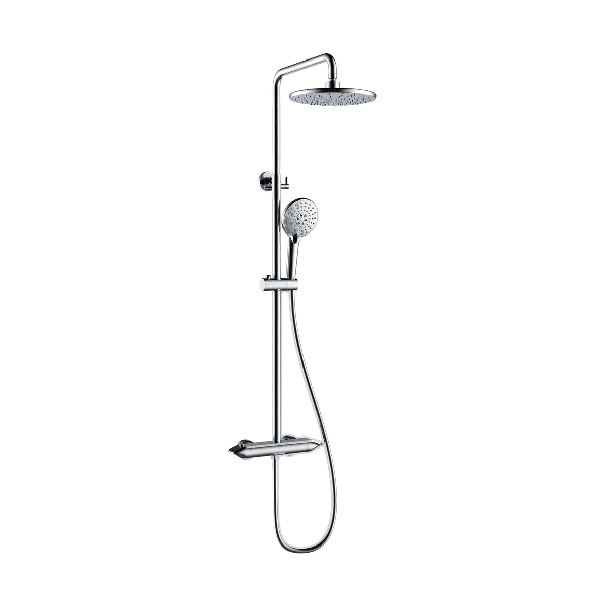 Exposed shower system with tapered flat shelf bar valve, round rain head and round handheld on slide bar — SANIKB DL-08 512-CP