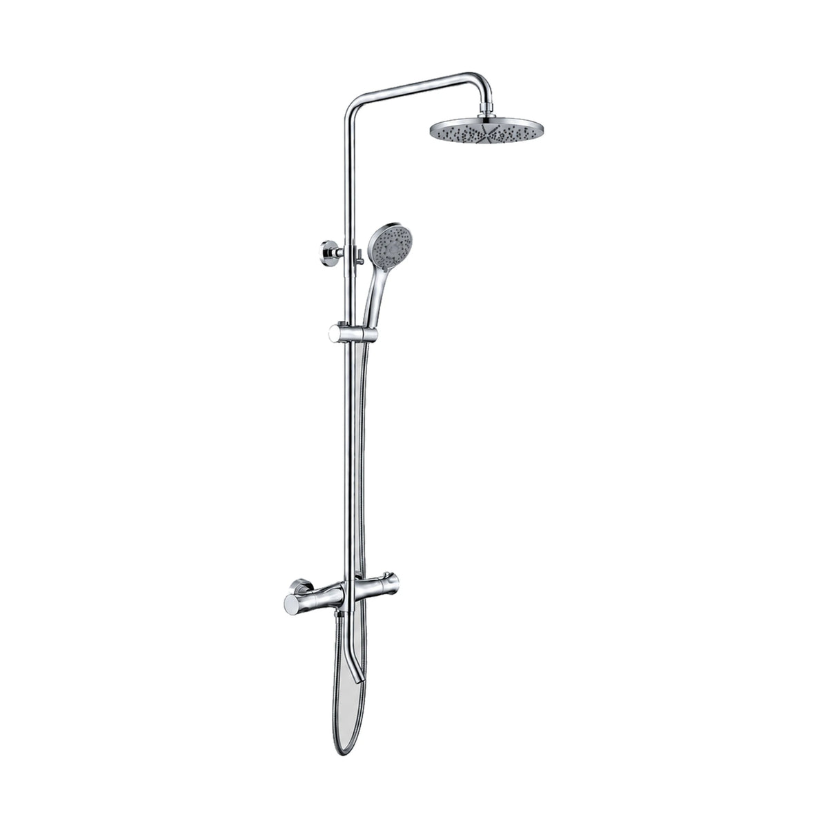 Exposed shower system with ribbed-grip cylinder bar valve, curved lower spout, round rain head and handheld — SANIKB DL-08 406-CP