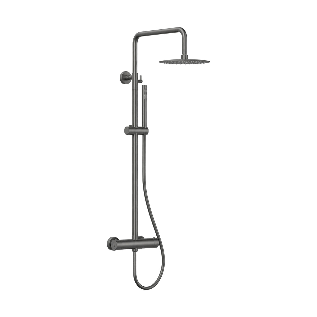 Gun metal grey thermostatic shower column with round rain head, slide-bar handheld and bar mixer — SANIKB SC442D 12 45 2