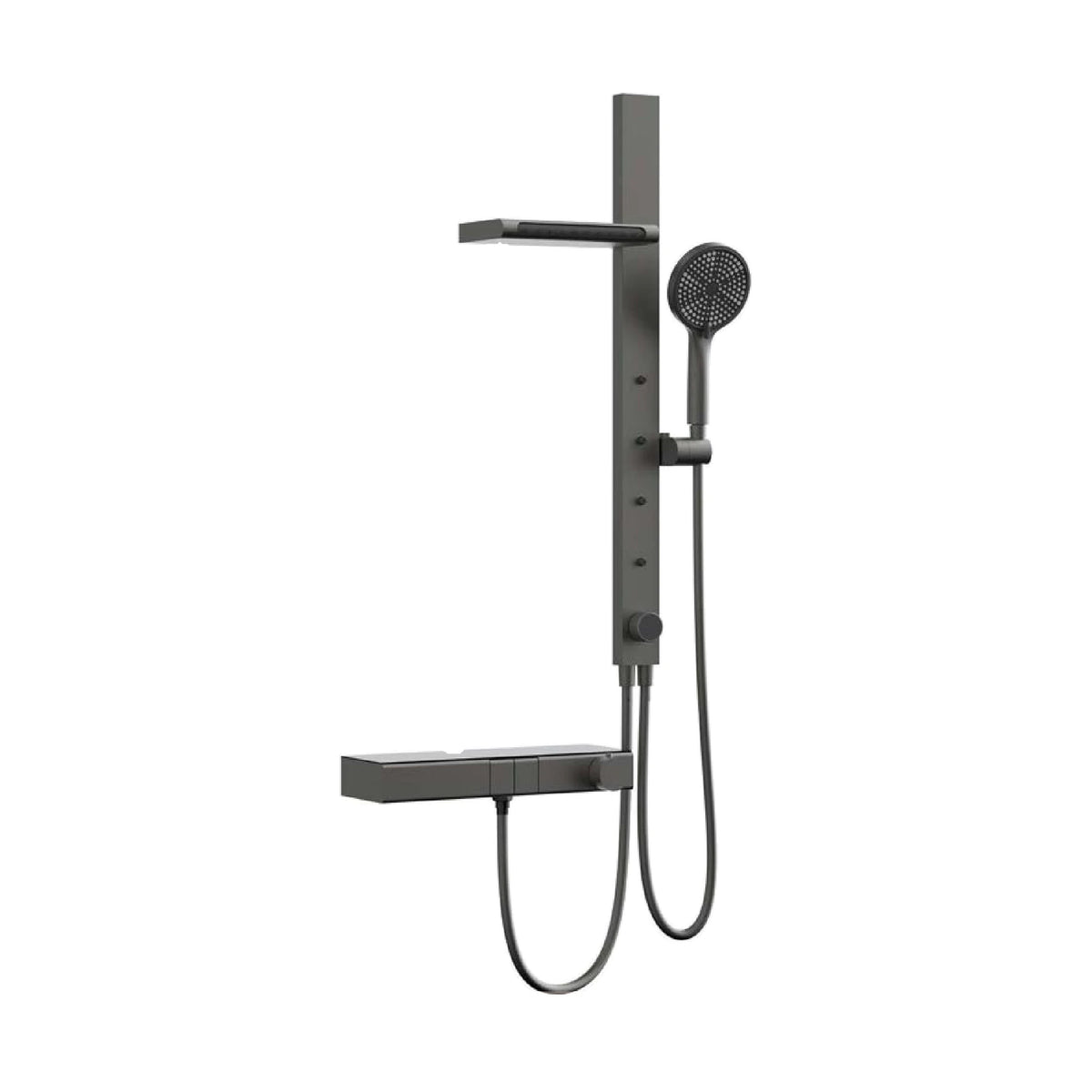 Gun metal grey flat panel shower column with overhead rain plate, round handheld and shelf mixer — SANIKB SC876B 12 45 8