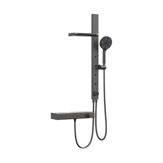 Gun metal grey flat panel shower column with overhead rain plate, round handheld and shelf mixer — SANIKB SC876B 12 45 8