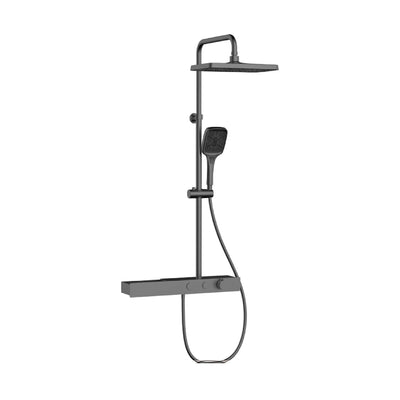 Gun metal grey thermostatic shower column with square rain head, square handheld and long shelf mixer — SANIKB SC814B 12 31 8