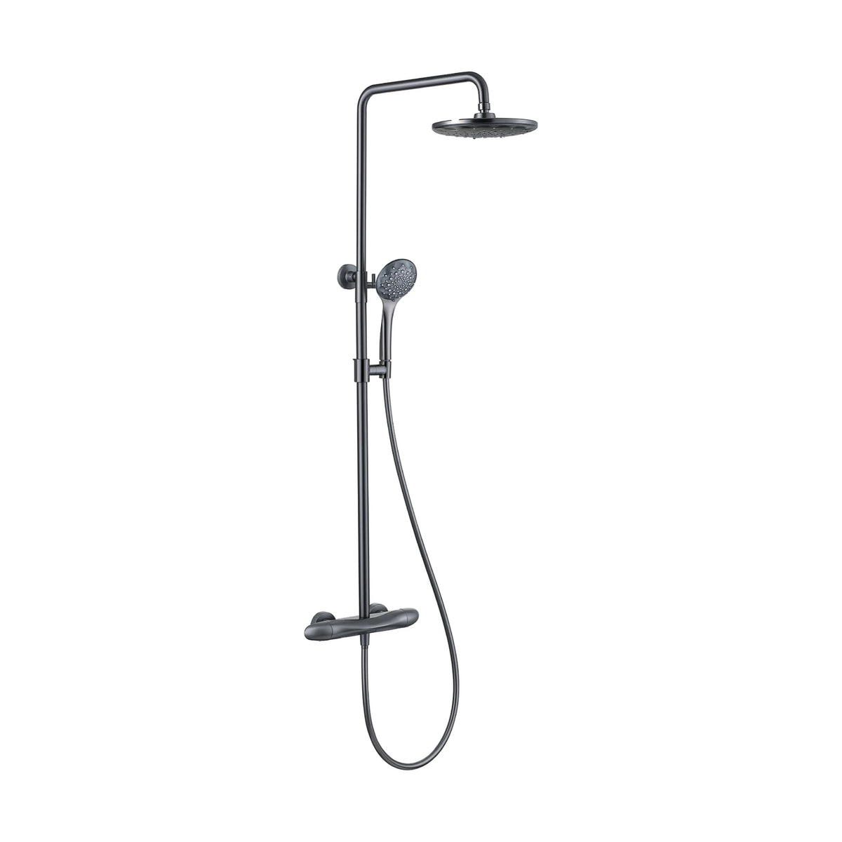 Gun Metal Grey — Exposed shower system with cylindrical bar valve, two end handles, round rain head and round handheld — SANIKB DL-08 143-QH