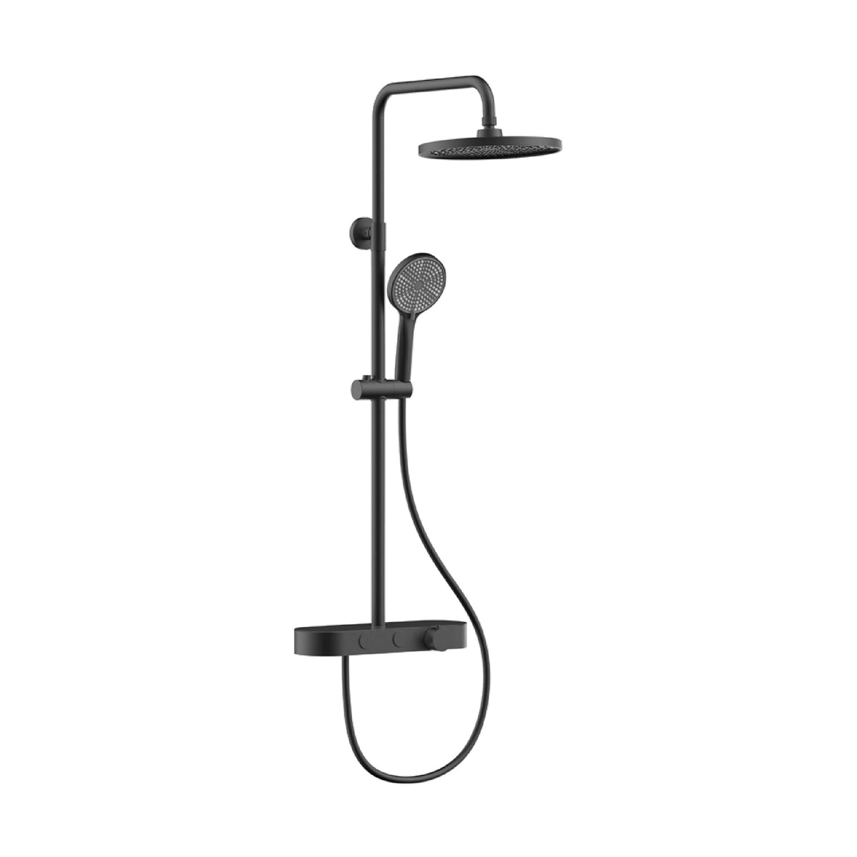 Matte black thermostatic shower column with round rain head on curved arm and oval shelf mixer — SANIKB SC844A 12 31 8