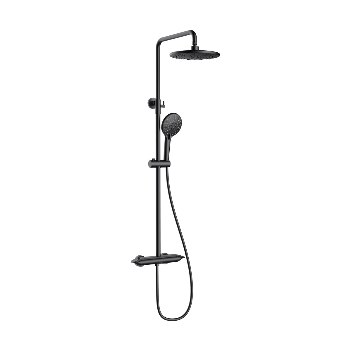 Matte Black — Exposed shower system with tapered flat shelf bar valve, round rain head and round handheld on slide bar — SANIKB DL-08 512-BK