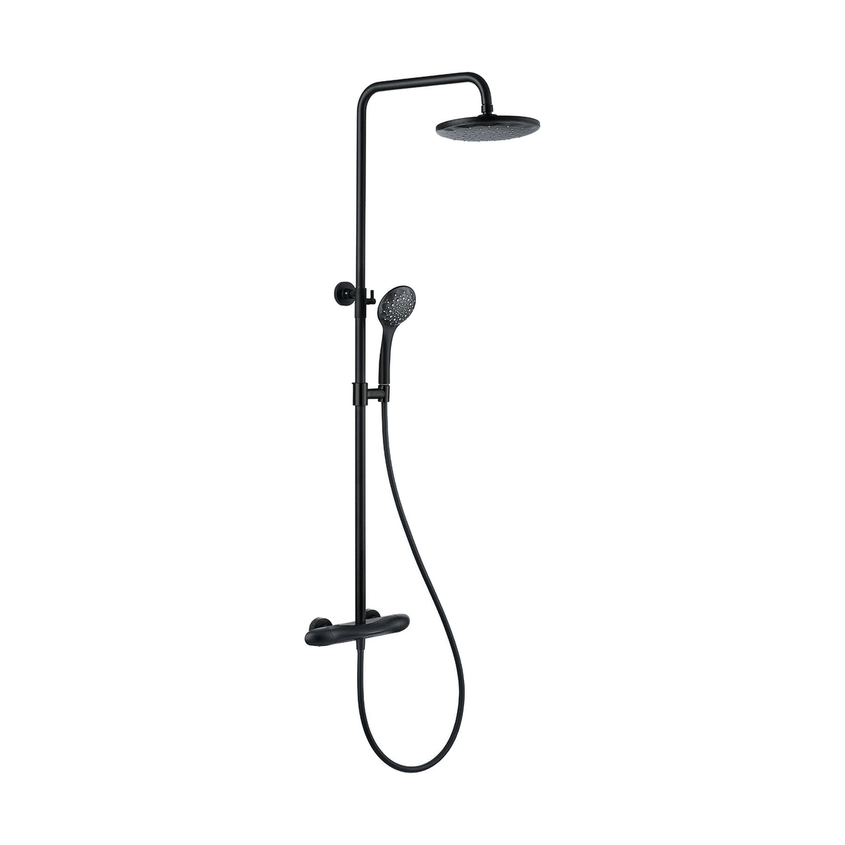 Matte Black — Exposed shower system with cylindrical bar valve, two end handles, round rain head and round handheld — SANIKB DL-08 143-BK