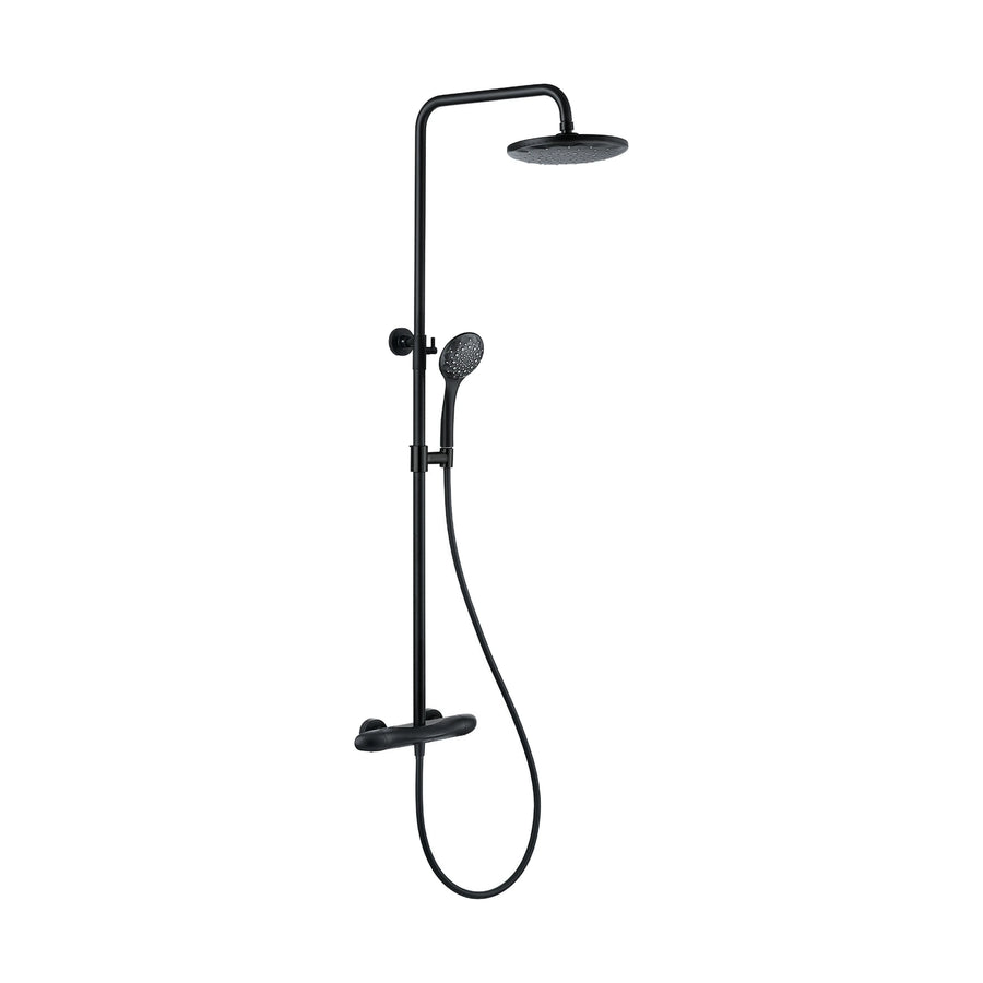 Matte Black — Exposed shower system with cylindrical bar valve, two end handles, round rain head and round handheld — SANIKB DL-08 143-BK