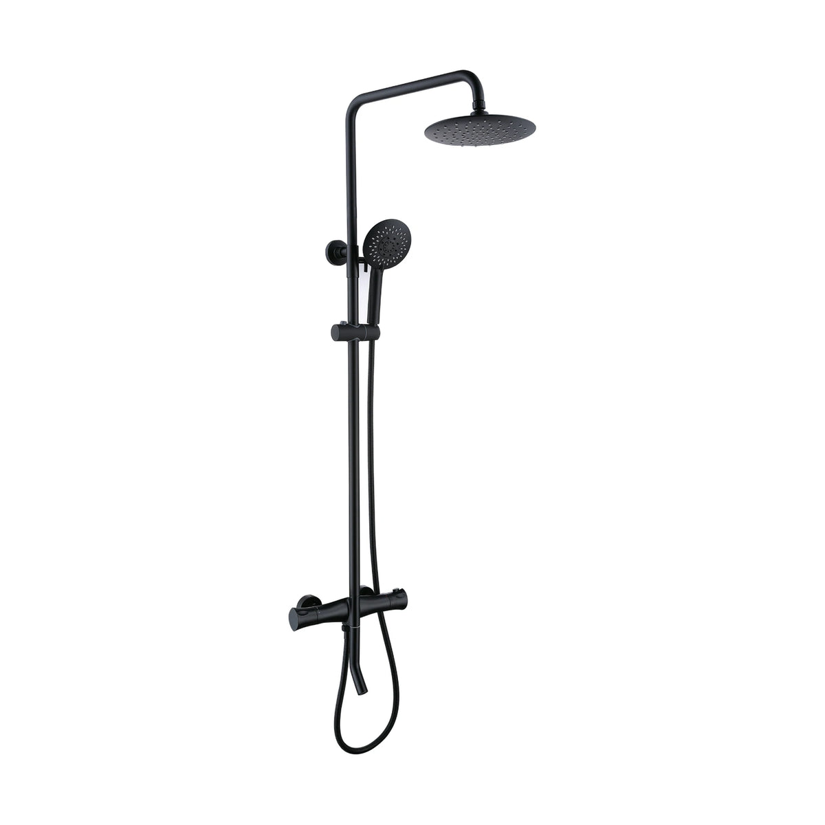 Matte Black — Exposed shower system with ribbed-grip cylinder bar valve, curved lower spout, round rain head and handheld — SANIKB DL-08 406-BK