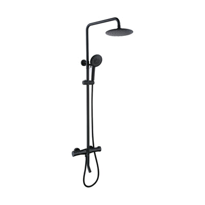 Matte Black — Exposed shower system with ribbed-grip cylinder bar valve, curved lower spout, round rain head and handheld — SANIKB DL-08 406-BK