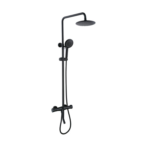 Matte Black — Exposed shower system with ribbed-grip cylinder bar valve, curved lower spout, round rain head and handheld — SANIKB DL-08 406-BK