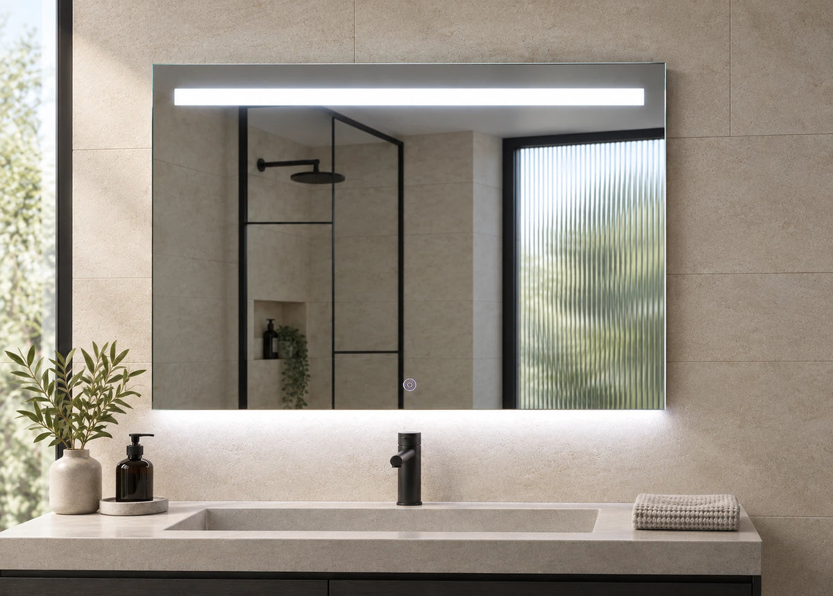 Top and Bottom Bar LED Bathroom Mirror — catalog detail view; KS-1001