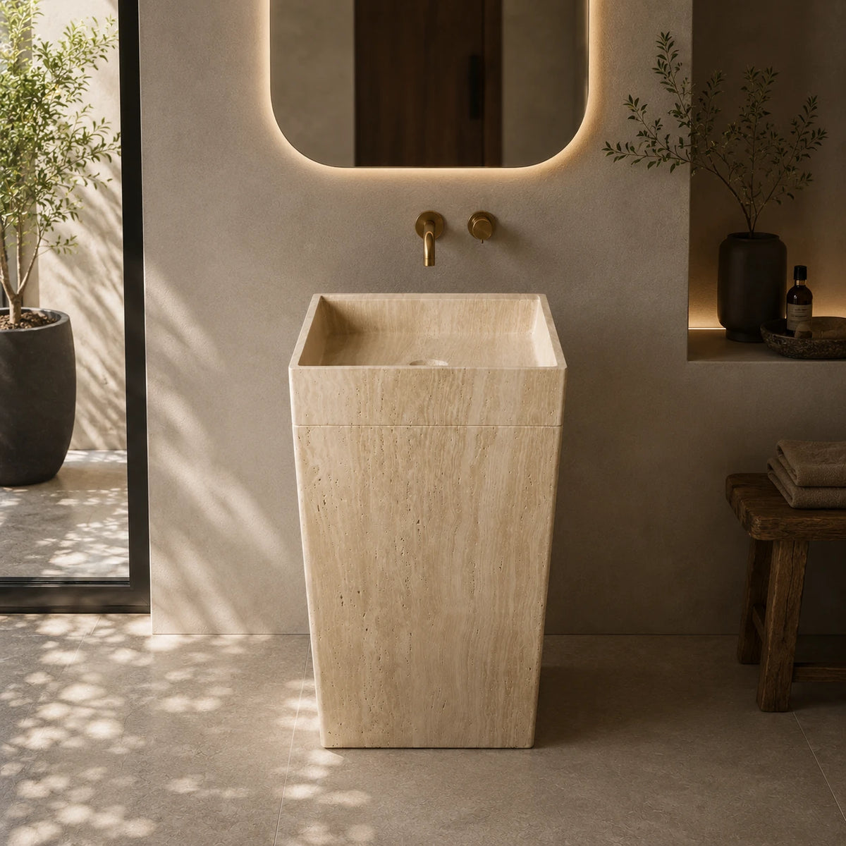 Travertine Compact Square Pedestal Basin