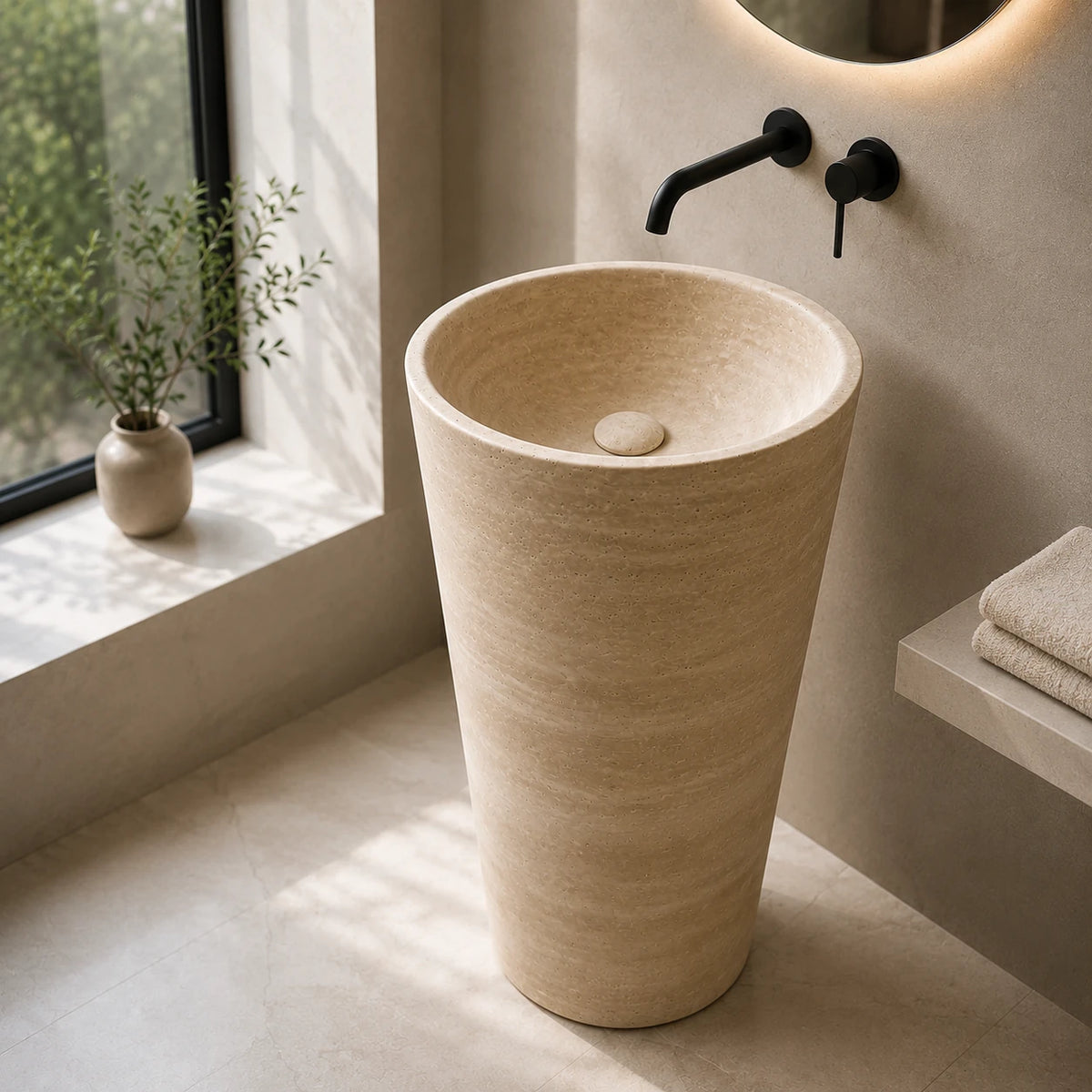 Travertine Cylindrical Pedestal Basin