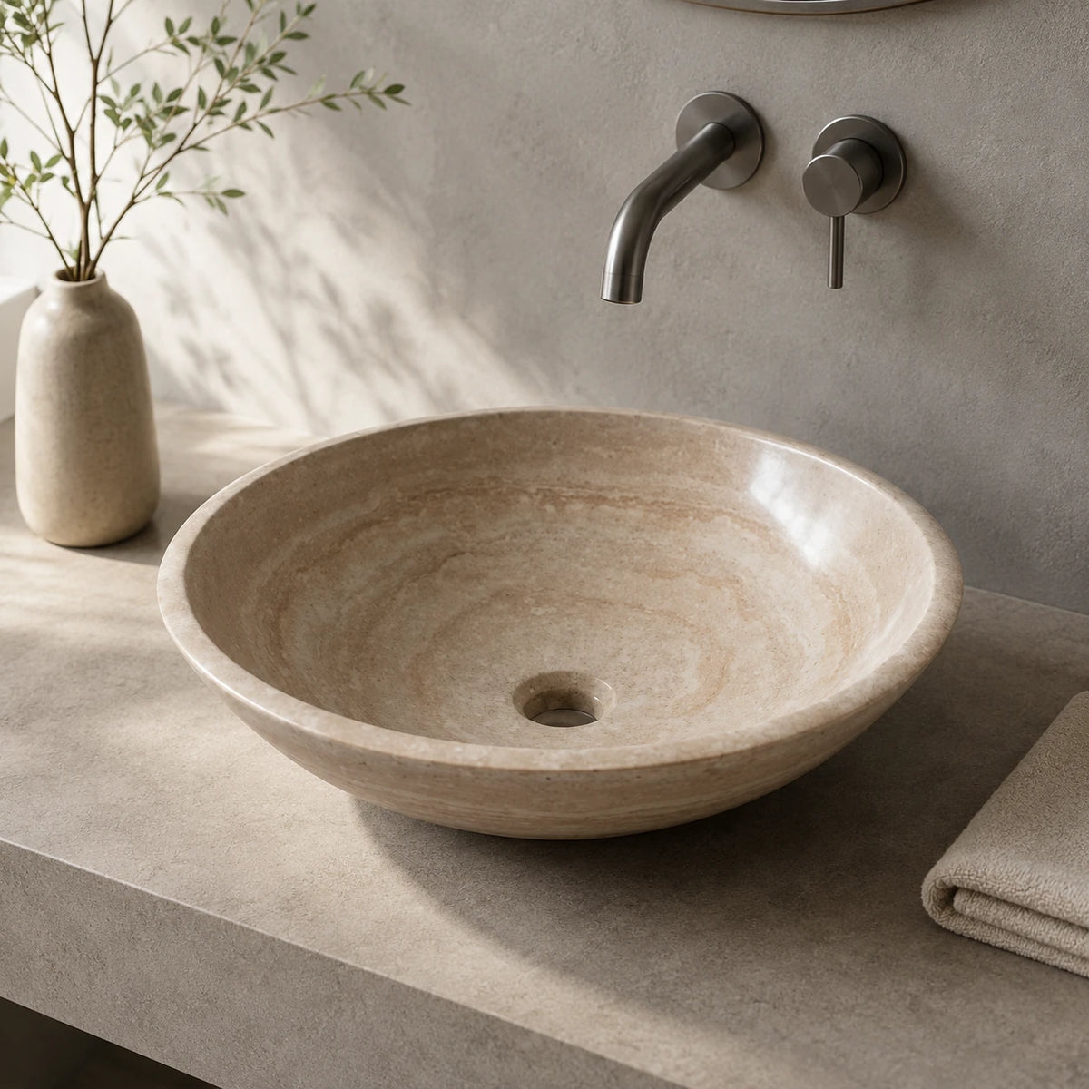 Travertine Round Vessel Basin 16.5×5.5