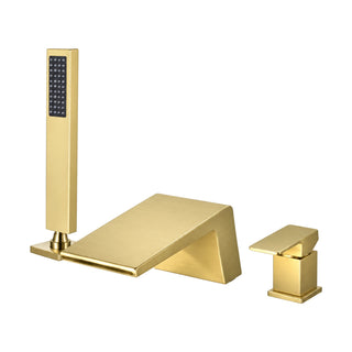 Brushed gold 3-piece tub faucet with wide angled waterfall spout, square-lever mixer and square handheld — SANIKB SB574 12 43 1