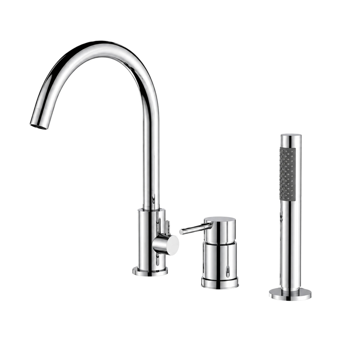 Chrome 3-piece tub faucet with tall C-gooseneck spout, round pin-lever mixer and pull-out stick handheld — SANIKB SB568 12 01 1