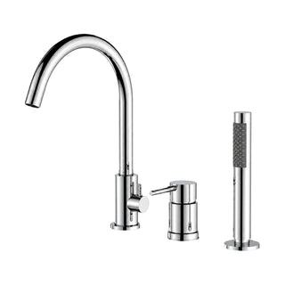 Chrome 3-piece tub faucet with tall C-gooseneck spout, round pin-lever mixer and pull-out stick handheld — SANIKB SB568 12 01 1