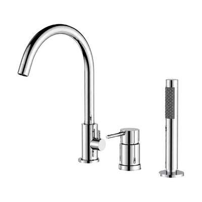 Chrome 3-piece tub faucet with tall C-gooseneck spout, round pin-lever mixer and pull-out stick handheld — SANIKB SB568 12 01 1