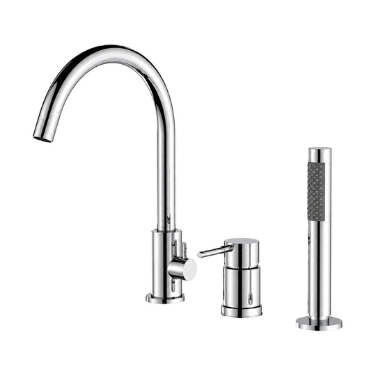 Chrome 3-piece tub faucet with tall C-gooseneck spout, round pin-lever mixer and pull-out stick handheld — SANIKB SB568 12 01 1